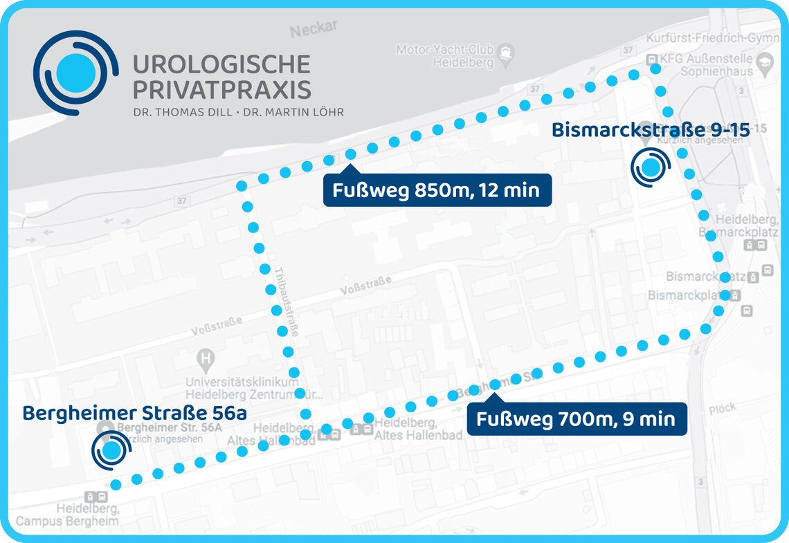 Keine 10 Gehminuten sind es vom bisherigen Standort der Urologischen Privatpraxis Heidelberg im Medizinischen Zentrum :medZ bis zur ATOS Klinik am Bismarckplatz.
